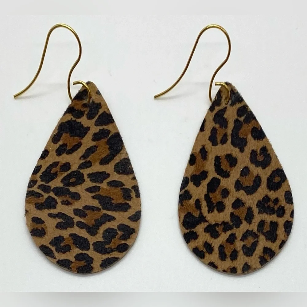 Brown Animal Print FauxFur Leather Dangle Earrings Boho Eclectic Y2K Festival - Picture 2 of 10